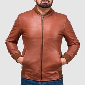 Men’s Tan Brown Bomber Leather Jacket / Biker Leather Jacket
